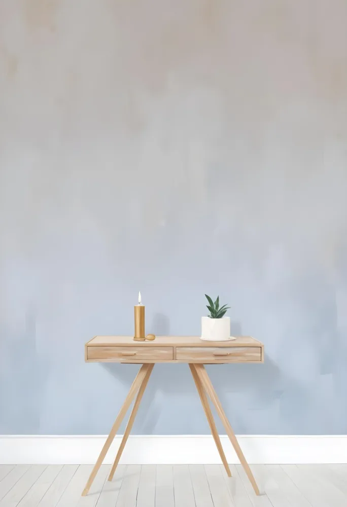 A Wooden Console Table With Two Drawers A White Candle And A Plant In A Golden Pot Against A White Wall 2 0377