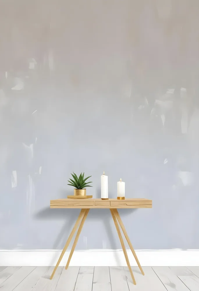 A Wooden Console Table With Two Drawers A White Candle And A Plant In A Golden Pot Against A White Wall 20 Ac03