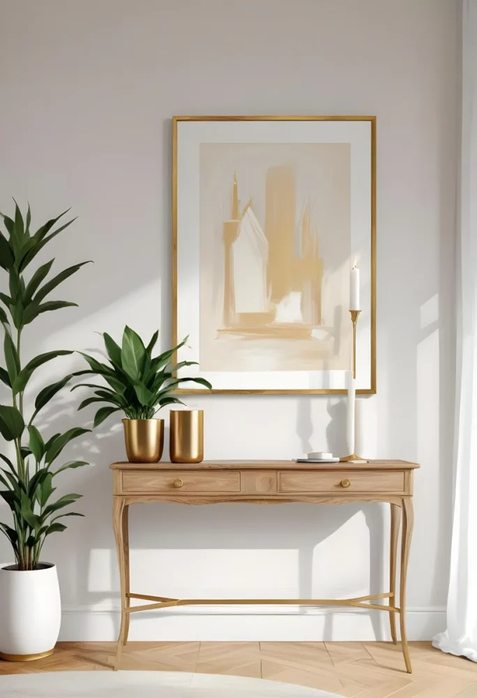 A Wooden Console Table With Two Drawers A White Candle And A Plant In A Golden Pot Against A White Wall 21 B3ce