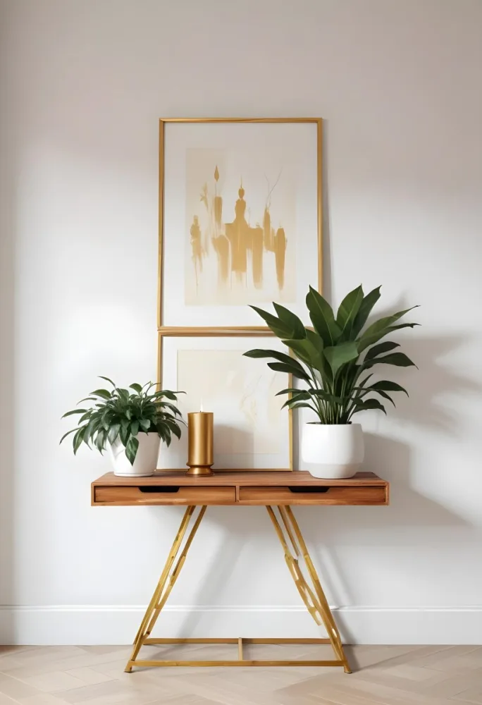 A Wooden Console Table With Two Drawers A White Candle And A Plant In A Golden Pot Against A White Wall 22 09c3