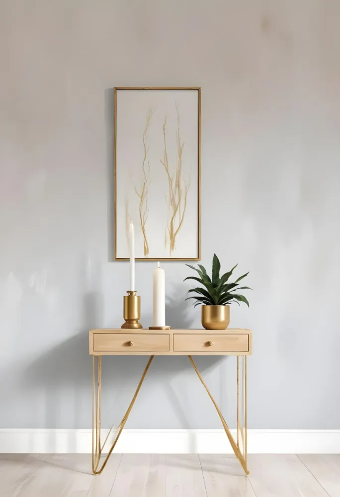A Wooden Console Table With Two Drawers A White Candle And A Plant In A Golden Pot Against A White Wall 23 C7b1
