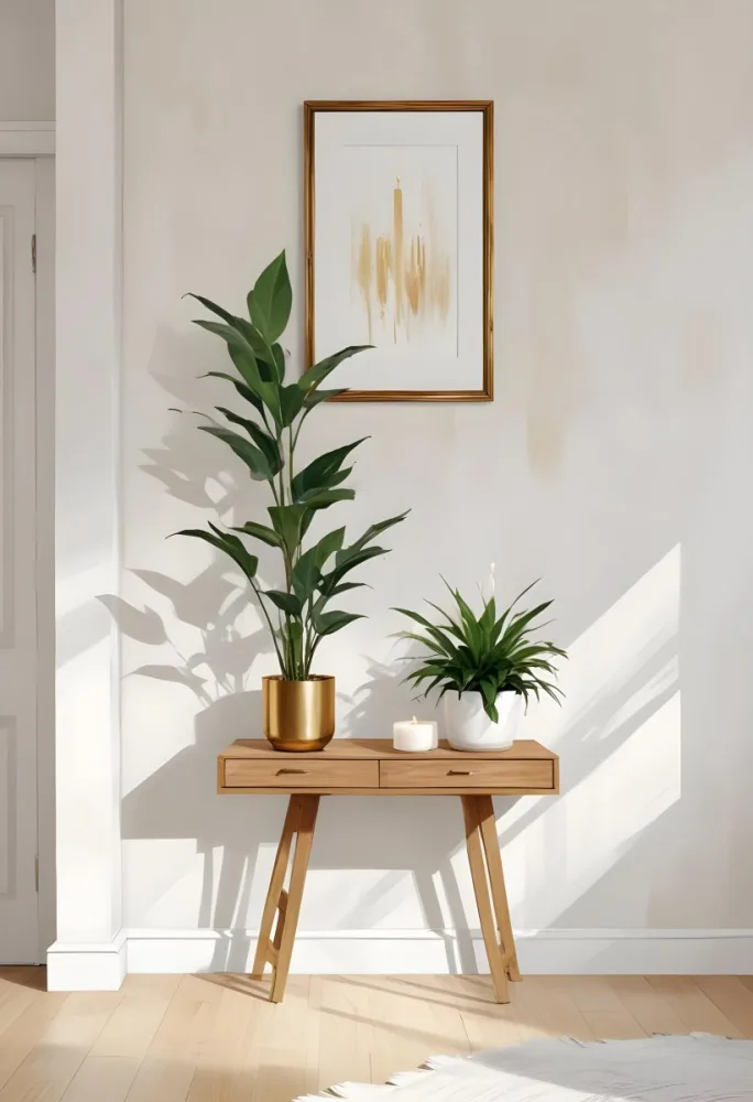 A Wooden Console Table With Two Drawers A White Candle And A Plant In A Golden Pot Against A White Wall 24 1548