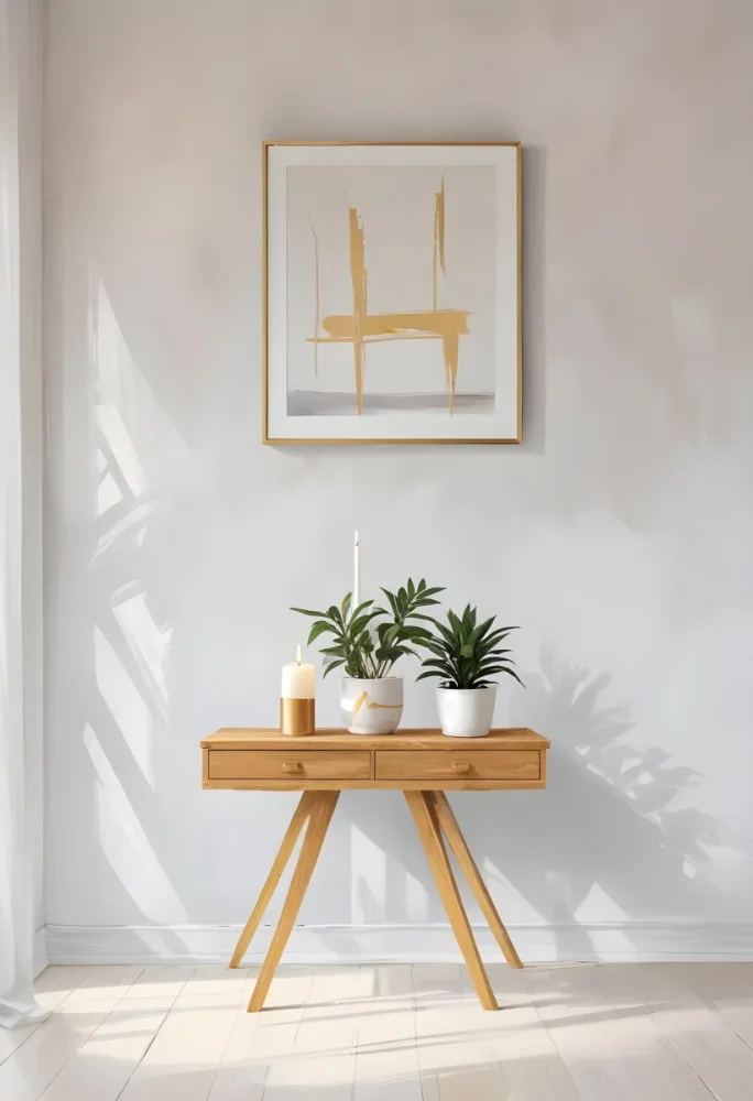 A Wooden Console Table With Two Drawers A White Candle And A Plant In A Golden Pot Against A White Wall 25 77ca