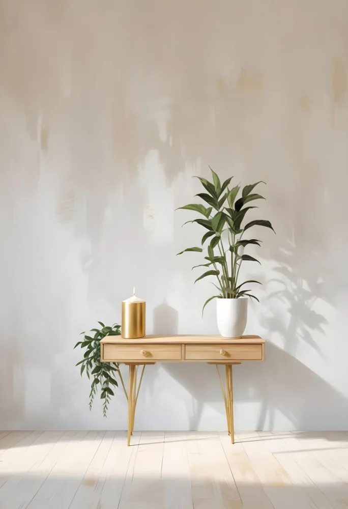 A Wooden Console Table With Two Drawers A White Candle And A Plant In A Golden Pot Against A White Wall 3 7be7