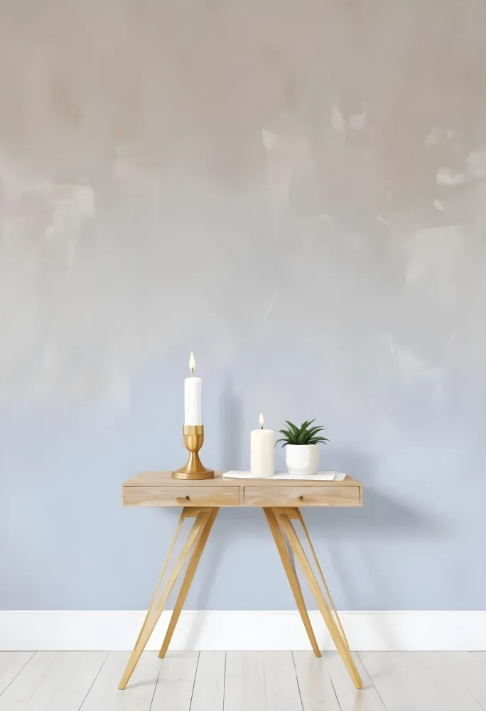 A Wooden Console Table With Two Drawers A White Candle And A Plant In A Golden Pot Against A White Wall 4 Edc2