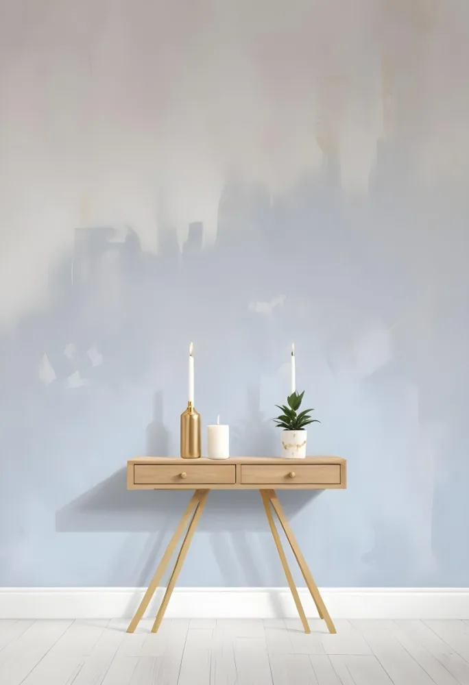A Wooden Console Table With Two Drawers A White Candle And A Plant In A Golden Pot Against A White Wall 6 A05d