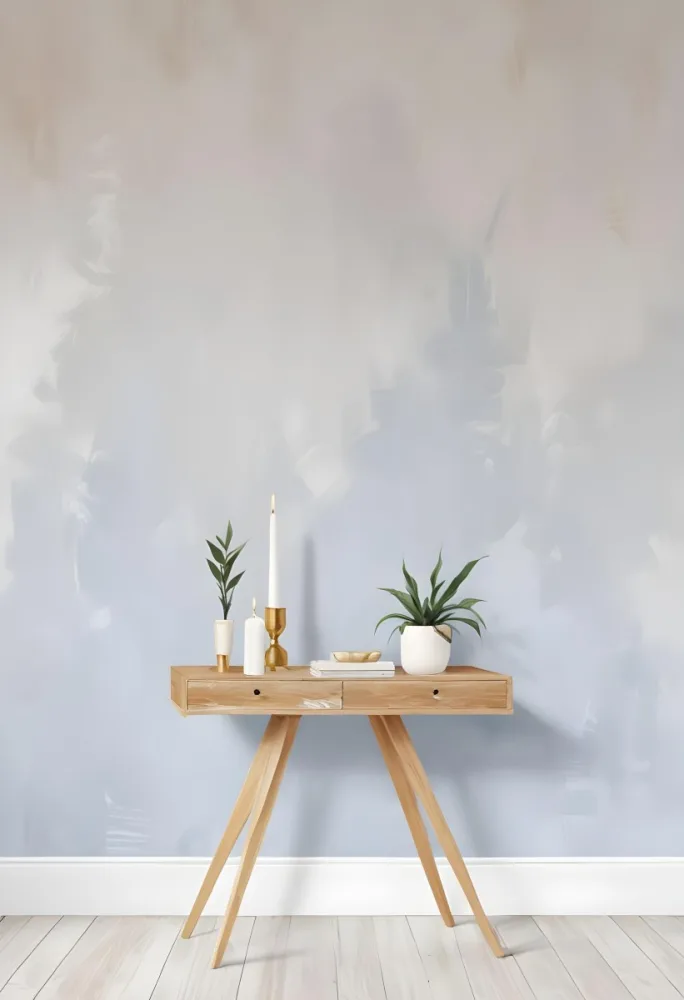 A Wooden Console Table With Two Drawers A White Candle And A Plant In A Golden Pot Against A White Wall 7 Dad4