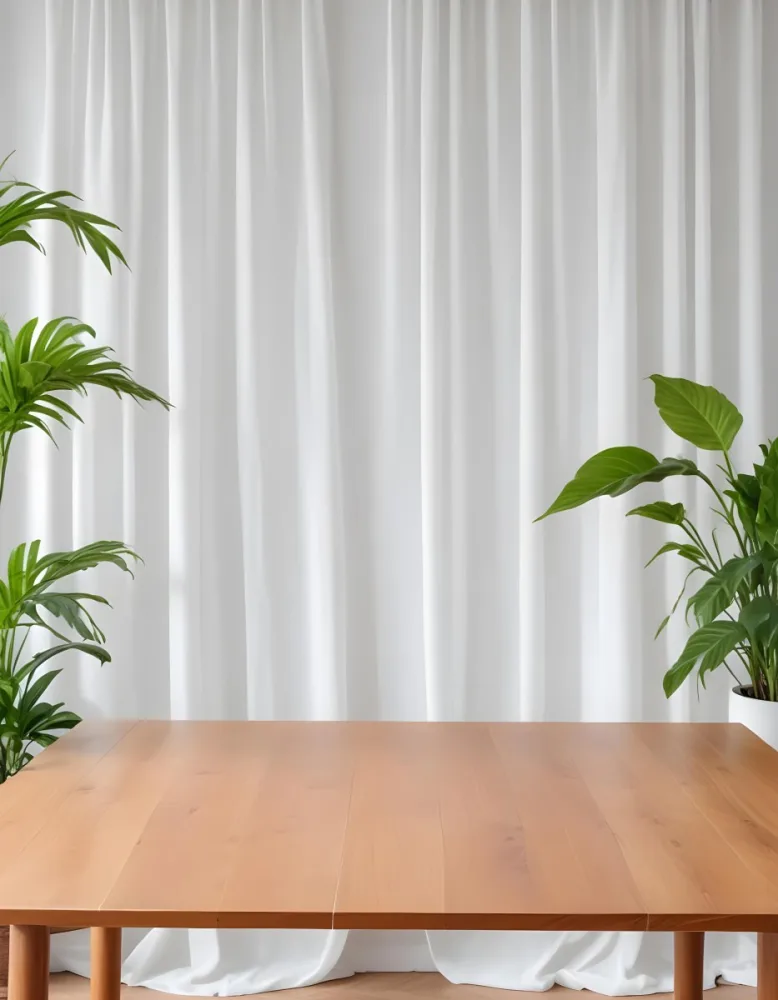 A Wooden Table With Plants On Top Of It In Front Of A White Curtain Bright And Clean Environment 10 99c6