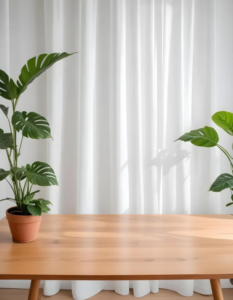 A Wooden Table With Plants On Top Of It In Front Of A White Curtain Bright And Clean Environment 13 F606