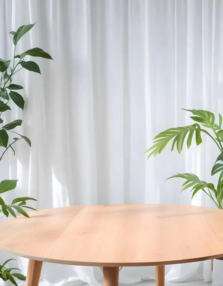 A Wooden Table With Plants On Top Of It In Front Of A White Curtain Bright And Clean Environment 14 73bd