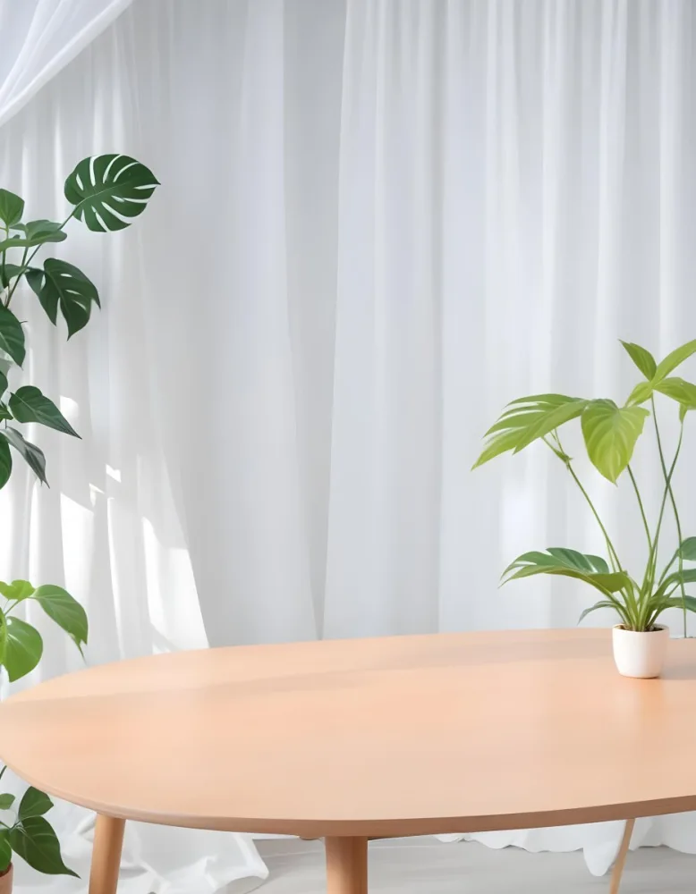 A Wooden Table With Plants On Top Of It In Front Of A White Curtain Bright And Clean Environment 16 36c5