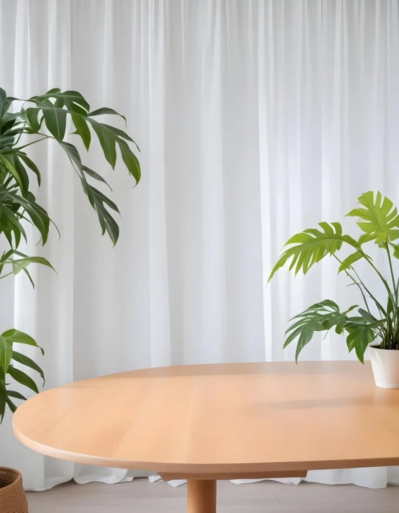 A Wooden Table With Plants On Top Of It In Front Of A White Curtain Bright And Clean Environment 17 Bf7a