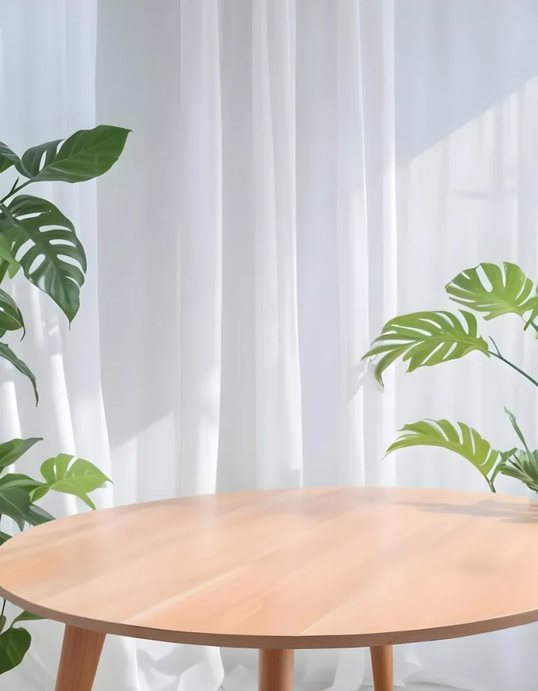 A Wooden Table With Plants On Top Of It In Front Of A White Curtain Bright And Clean Environment 2 939b