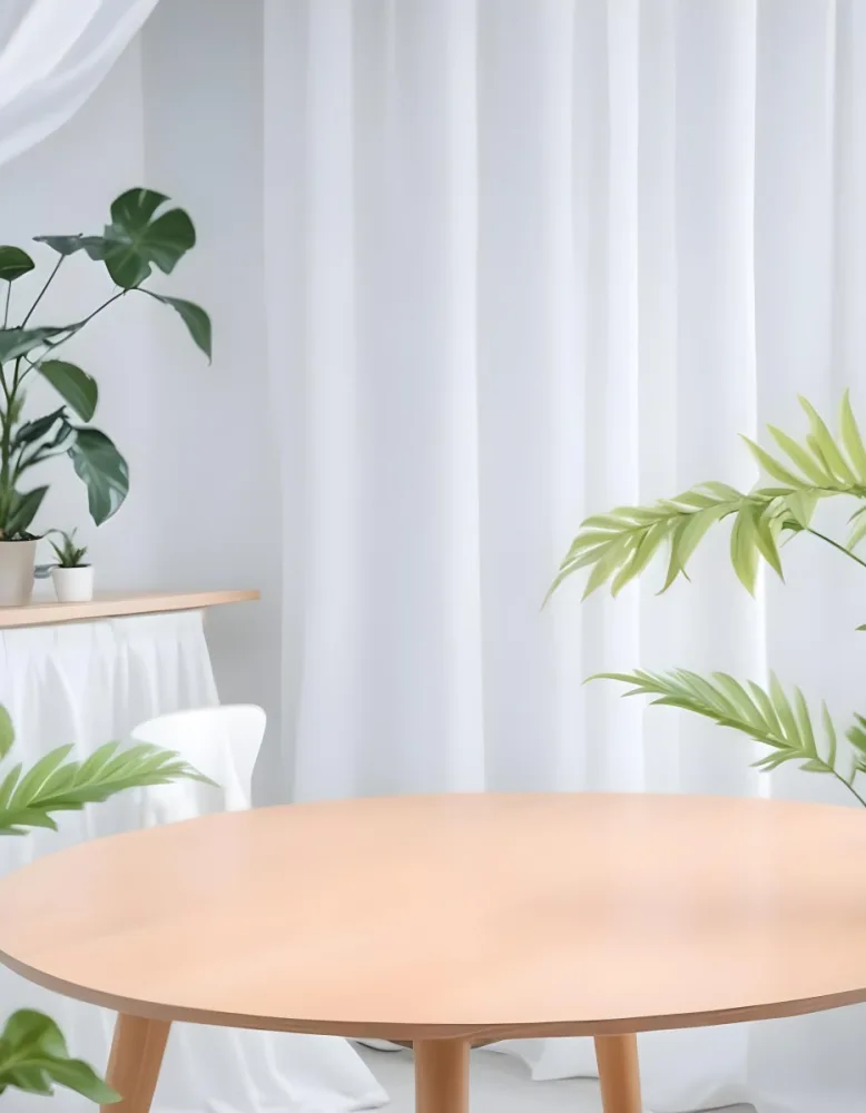 A Wooden Table With Plants On Top Of It In Front Of A White Curtain Bright And Clean Environment 20 D48a