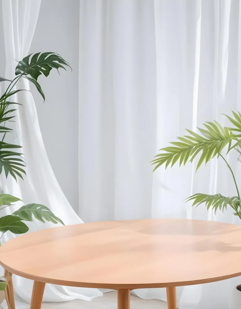 A Wooden Table With Plants On Top Of It In Front Of A White Curtain Bright And Clean Environment 25 9a78
