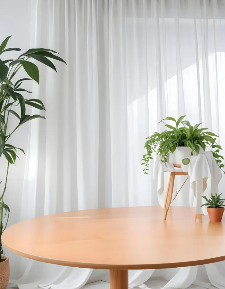 A Wooden Table With Plants On Top Of It In Front Of A White Curtain Bright And Clean Environment 26 58a4