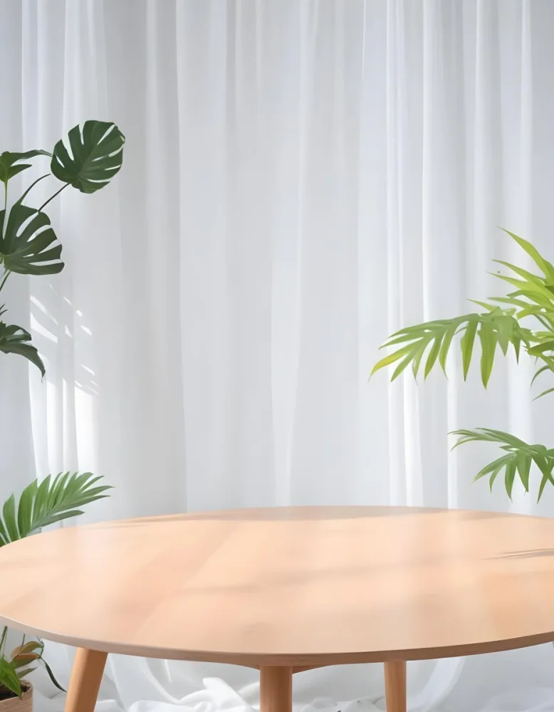 A Wooden Table With Plants On Top Of It In Front Of A White Curtain Bright And Clean Environment 28 C660