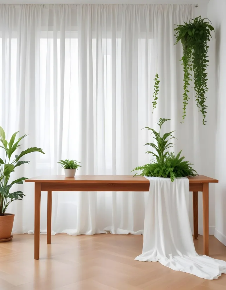 A Wooden Table With Plants On Top Of It In Front Of A White Curtain Bright And Clean Environment 3 0875