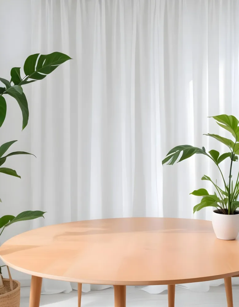 A Wooden Table With Plants On Top Of It In Front Of A White Curtain Bright And Clean Environment 4 59a8