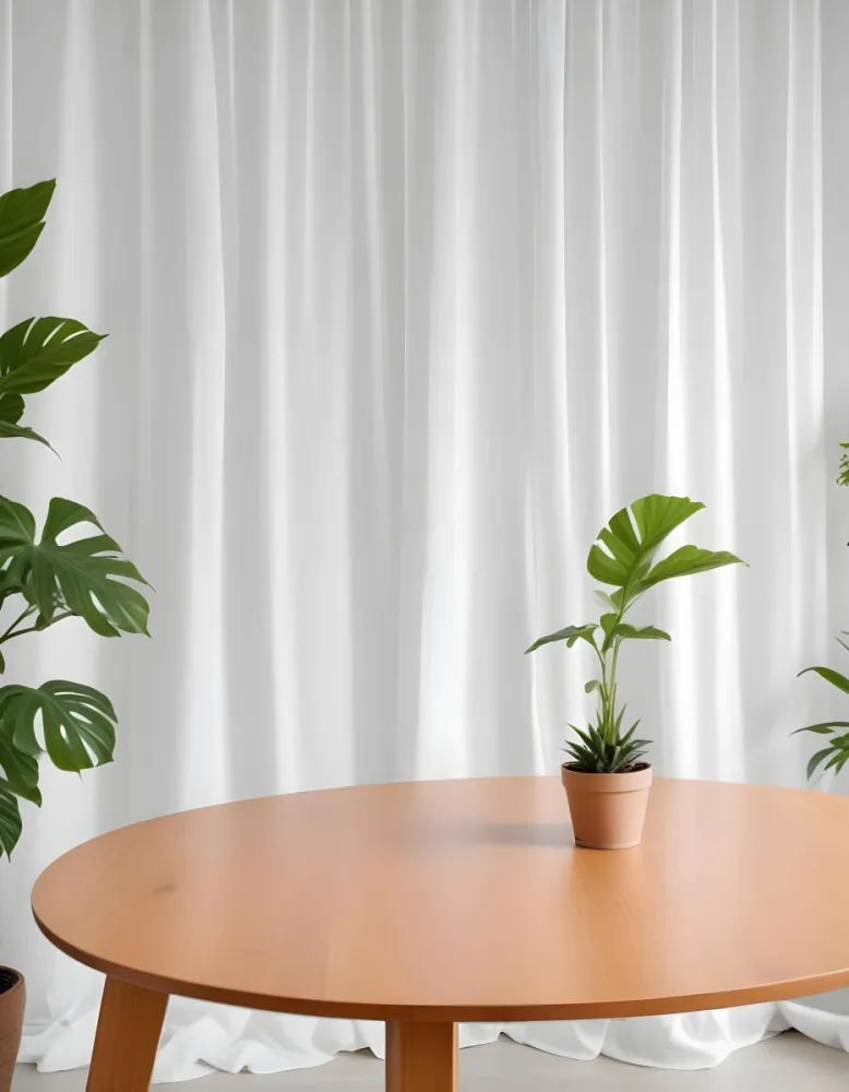 A Wooden Table With Plants On Top Of It In Front Of A White Curtain Bright And Clean Environment 5 Ac46