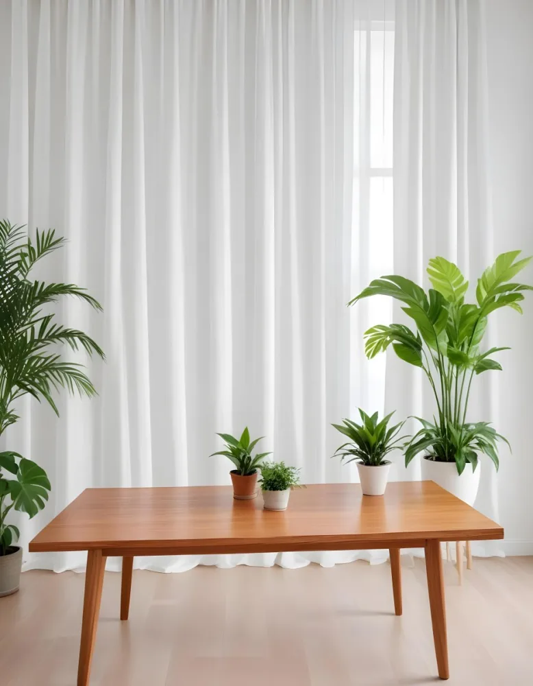 A Wooden Table With Plants On Top Of It In Front Of A White Curtain Bright And Clean Environment 6 Af3d