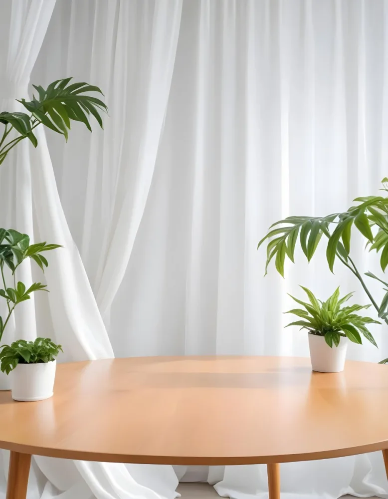 A Wooden Table With Plants On Top Of It In Front Of A White Curtain Bright And Clean Environment 7 9014