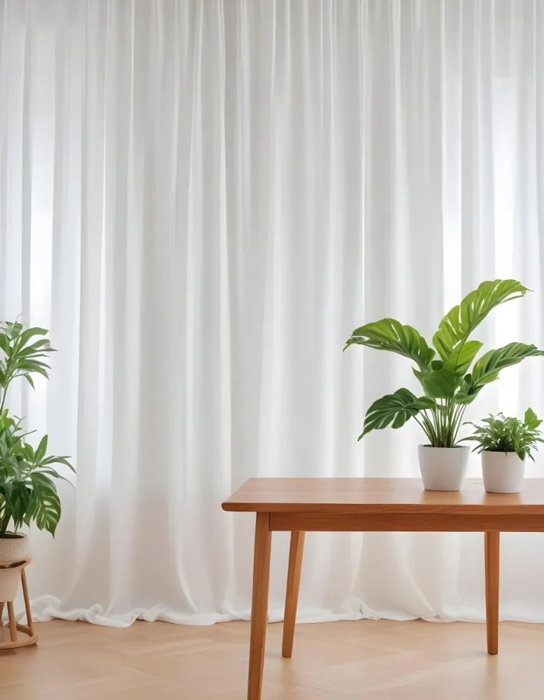 A Wooden Table With Plants On Top Of It In Front Of A White Curtain Bright And Clean Environment 8 948b