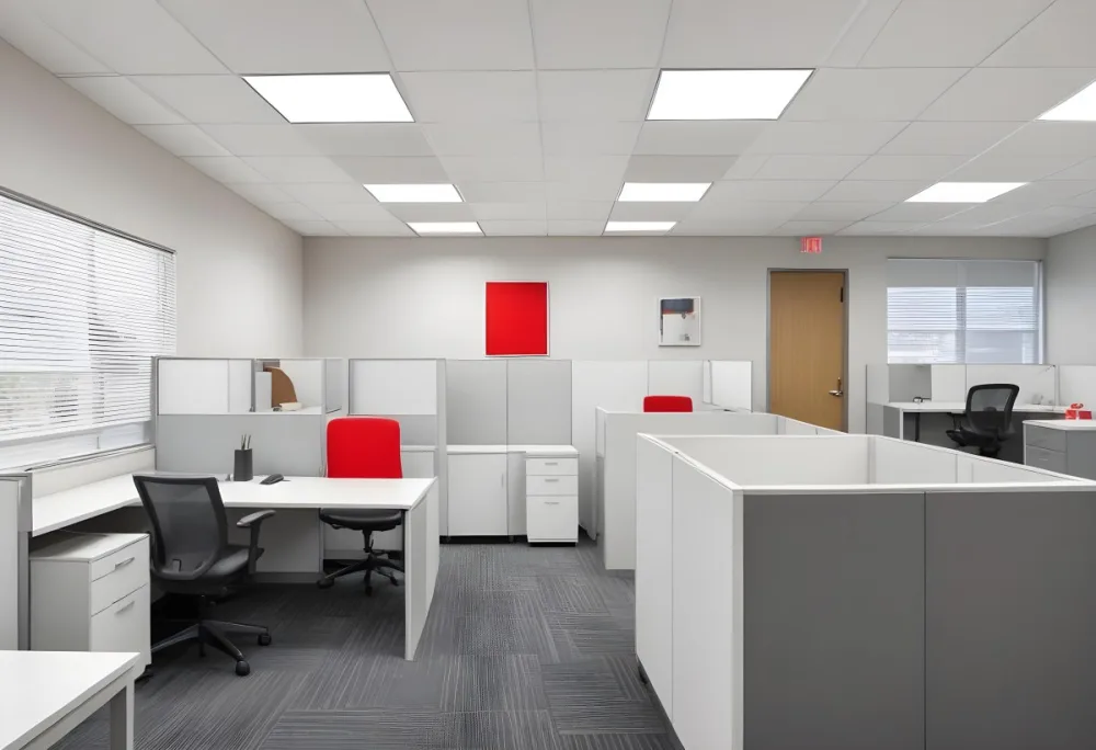 An Open Office Space With Desks Desks And Chairs The Walls Are Painted In A Combination Of Red And Gray Colors And The Ceiling Has Recessed Lighting Fixtures The Overall Style Appears To Be A M 10 4d87