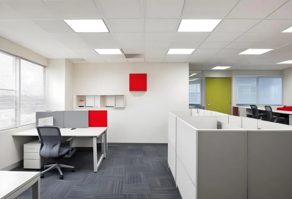 An Open Office Space With Desks Desks And Chairs The Walls Are Painted In A Combination Of Red And Gray Colors And The Ceiling Has Recessed Lighting Fixtures The Overall Style Appears To Be A M 11 3fe7