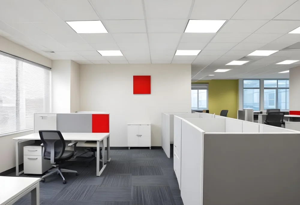An Open Office Space With Desks Desks And Chairs The Walls Are Painted In A Combination Of Red And Gray Colors And The Ceiling Has Recessed Lighting Fixtures The Overall Style Appears To Be A M 13 5c44