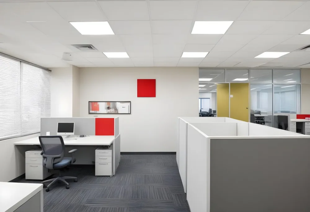 An Open Office Space With Desks Desks And Chairs The Walls Are Painted In A Combination Of Red And Gray Colors And The Ceiling Has Recessed Lighting Fixtures The Overall Style Appears To Be A M 15 2225