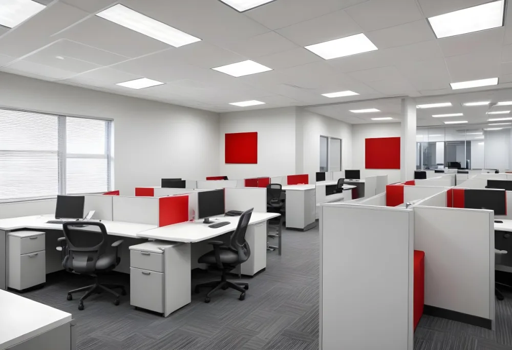 An Open Office Space With Desks Desks And Chairs The Walls Are Painted In A Combination Of Red And Gray Colors And The Ceiling Has Recessed Lighting Fixtures The Overall Style Appears To Be A M 3 8472