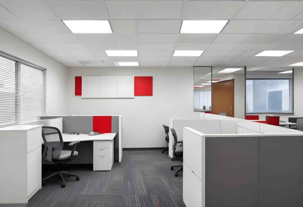 An Open Office Space With Desks Desks And Chairs The Walls Are Painted In A Combination Of Red And Gray Colors And The Ceiling Has Recessed Lighting Fixtures The Overall Style Appears To Be A M 4 4b94