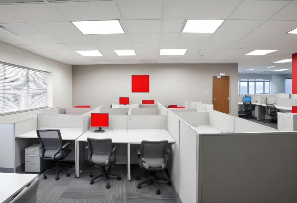 An Open Office Space With Desks Desks And Chairs The Walls Are Painted In A Combination Of Red And Gray Colors And The Ceiling Has Recessed Lighting Fixtures The Overall Style Appears To Be A M 8 9632
