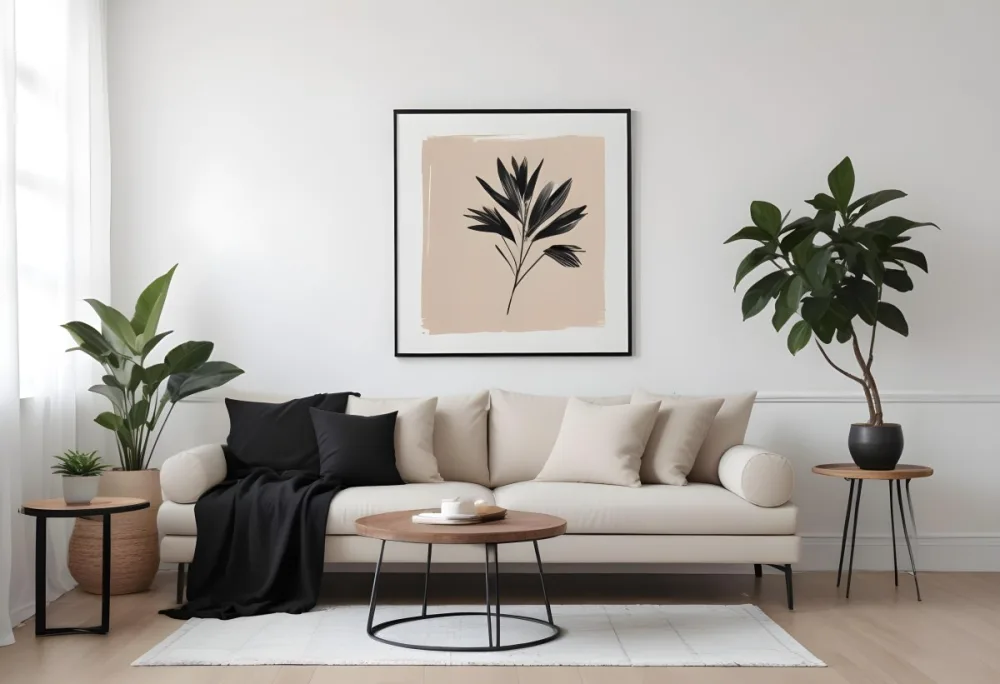 Digital Painting A Beige Sofa With Pillows A Small Wooden Table With A Plant On Top And A Black Side Table Against A White Wall Bold And Slim Lines Brush Strokes 10 F134
