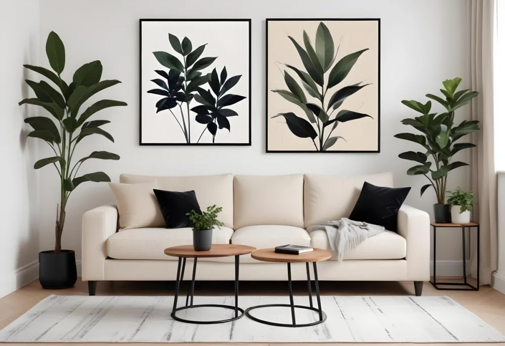Digital Painting A Beige Sofa With Pillows A Small Wooden Table With A Plant On Top And A Black Side Table Against A White Wall Bold And Slim Lines Brush Strokes 13 275b