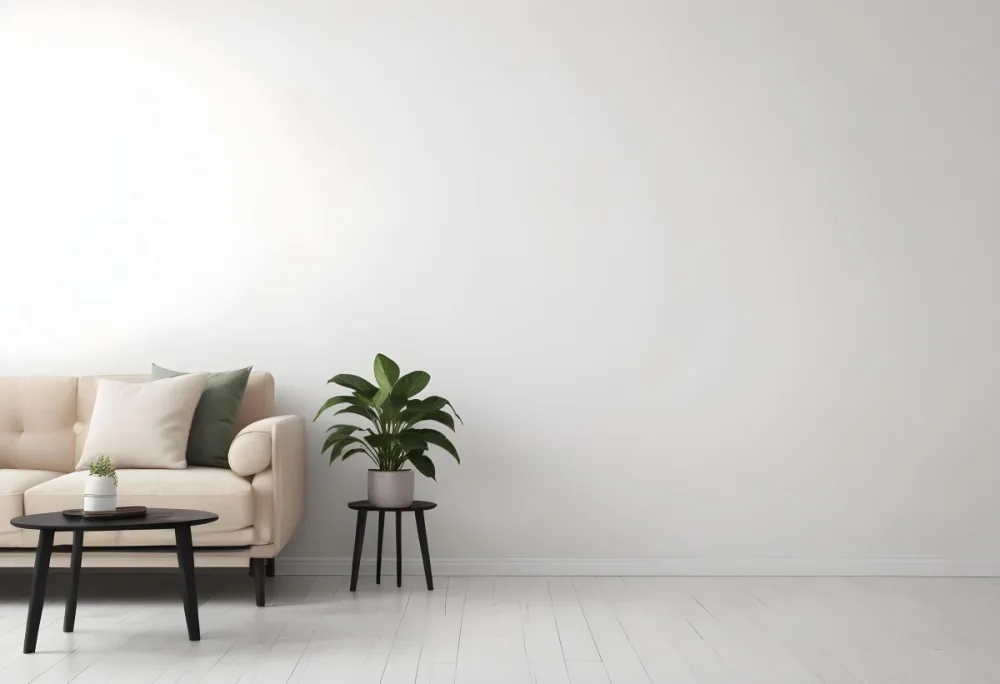 Digital Painting A Beige Sofa With Pillows A Small Wooden Table With A Plant On Top And A Black Side Table Against A White Wall Bold And Slim Lines Brush Strokes 15 70b0
