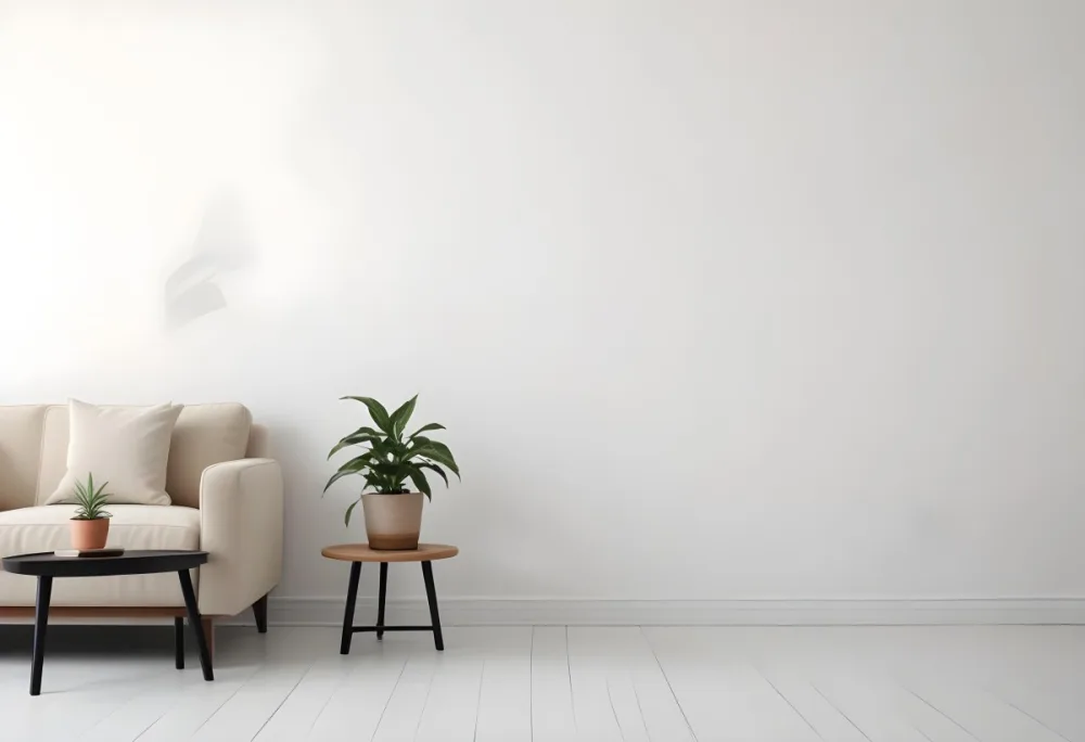 Digital Painting A Beige Sofa With Pillows A Small Wooden Table With A Plant On Top And A Black Side Table Against A White Wall Bold And Slim Lines Brush Strokes 21 Af45