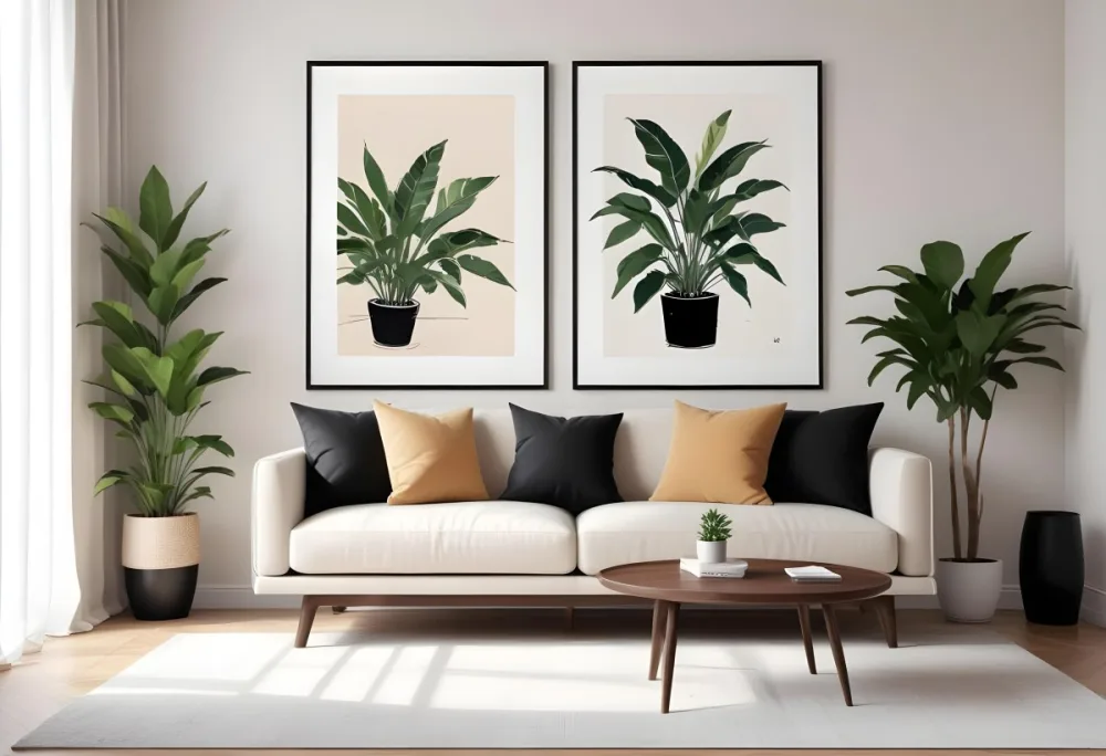 Digital Painting A Beige Sofa With Pillows A Small Wooden Table With A Plant On Top And A Black Side Table Against A White Wall Bold And Slim Lines Brush Strokes 25 8bab