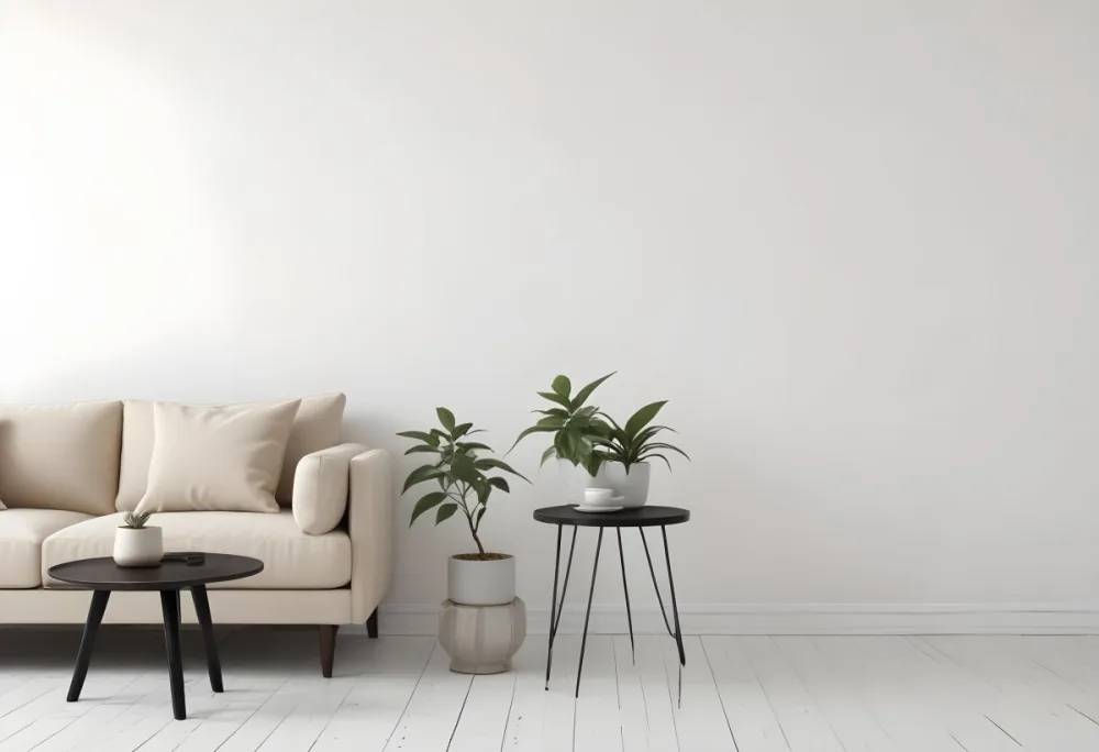 Digital Painting A Beige Sofa With Pillows A Small Wooden Table With A Plant On Top And A Black Side Table Against A White Wall Bold And Slim Lines Brush Strokes 28 Eeb7