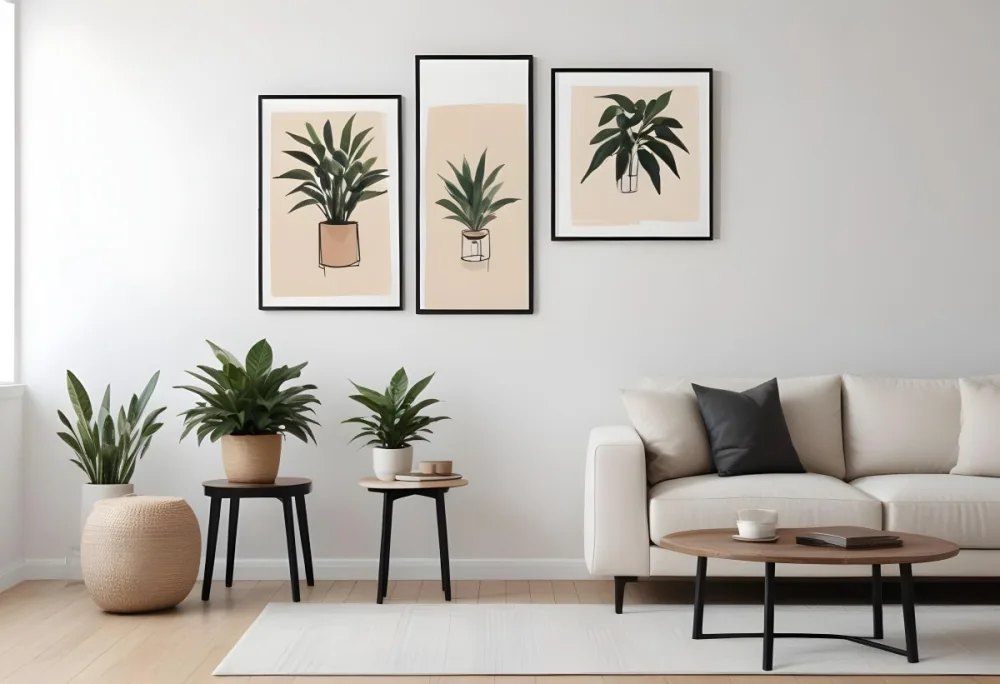 Digital Painting A Beige Sofa With Pillows A Small Wooden Table With A Plant On Top And A Black Side Table Against A White Wall Bold And Slim Lines Brush Strokes 33 E1bb