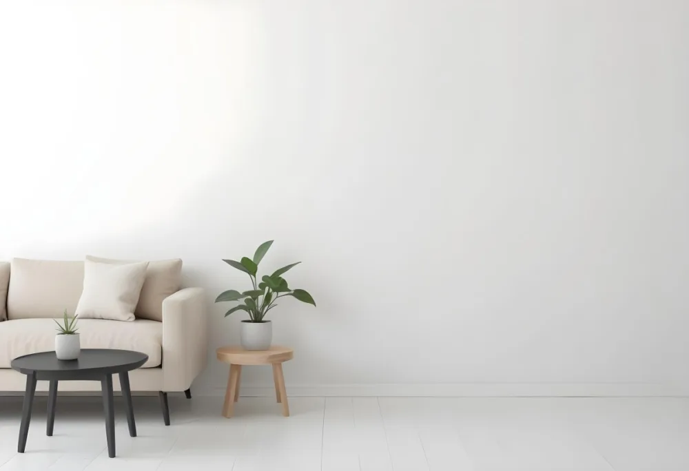 Digital Painting A Beige Sofa With Pillows A Small Wooden Table With A Plant On Top And A Black Side Table Against A White Wall Bold And Slim Lines Brush Strokes 34 226c