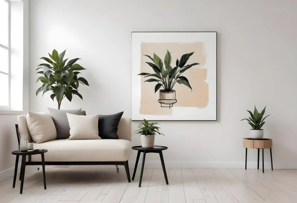 Digital Painting A Beige Sofa With Pillows A Small Wooden Table With A Plant On Top And A Black Side Table Against A White Wall Bold And Slim Lines Brush Strokes 4 2211