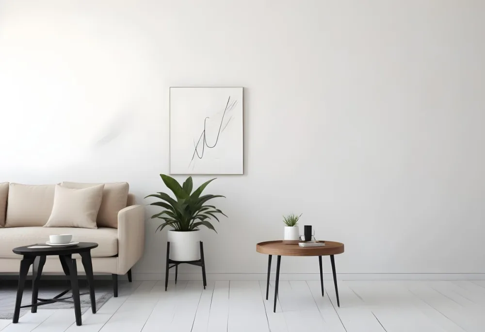 Digital Painting A Beige Sofa With Pillows A Small Wooden Table With A Plant On Top And A Black Side Table Against A White Wall Bold And Slim Lines Brush Strokes 4 8626