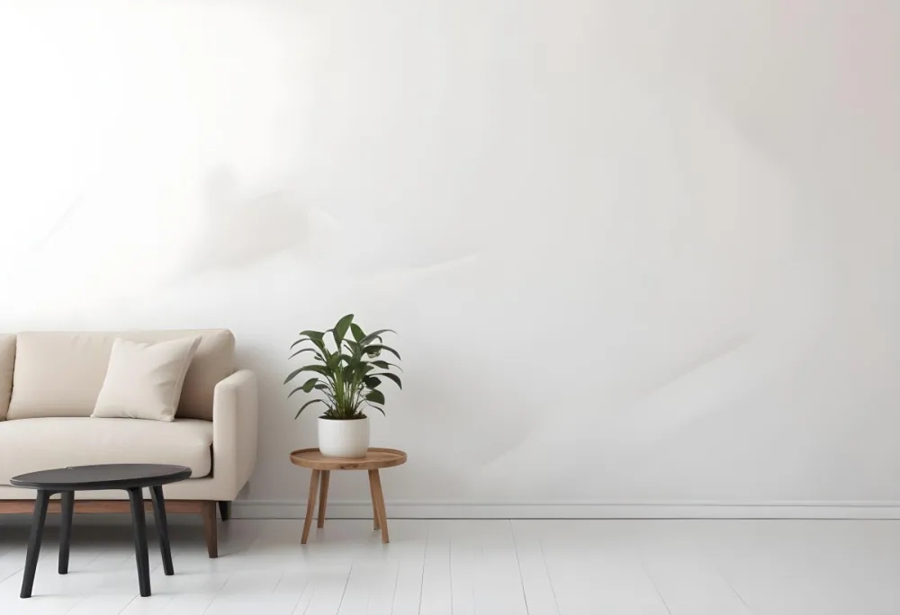 Digital Painting A Beige Sofa With Pillows A Small Wooden Table With A Plant On Top And A Black Side Table Against A White Wall Bold And Slim Lines Brush Strokes 5 29a5