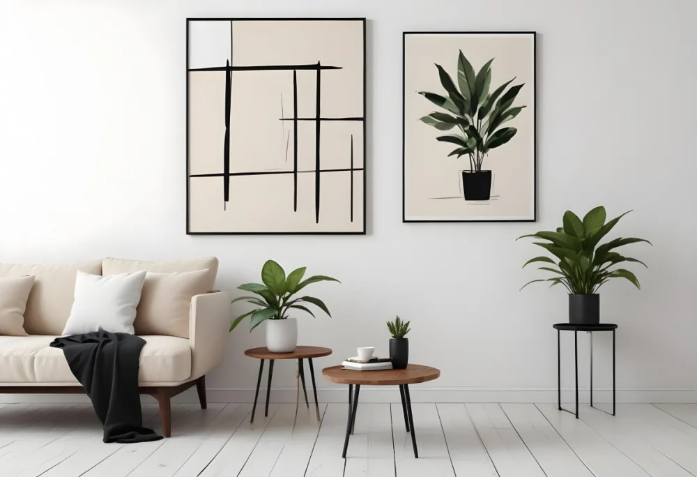 Digital Painting A Beige Sofa With Pillows A Small Wooden Table With A Plant On Top And A Black Side Table Against A White Wall Bold And Slim Lines Brush Strokes 5 31ed