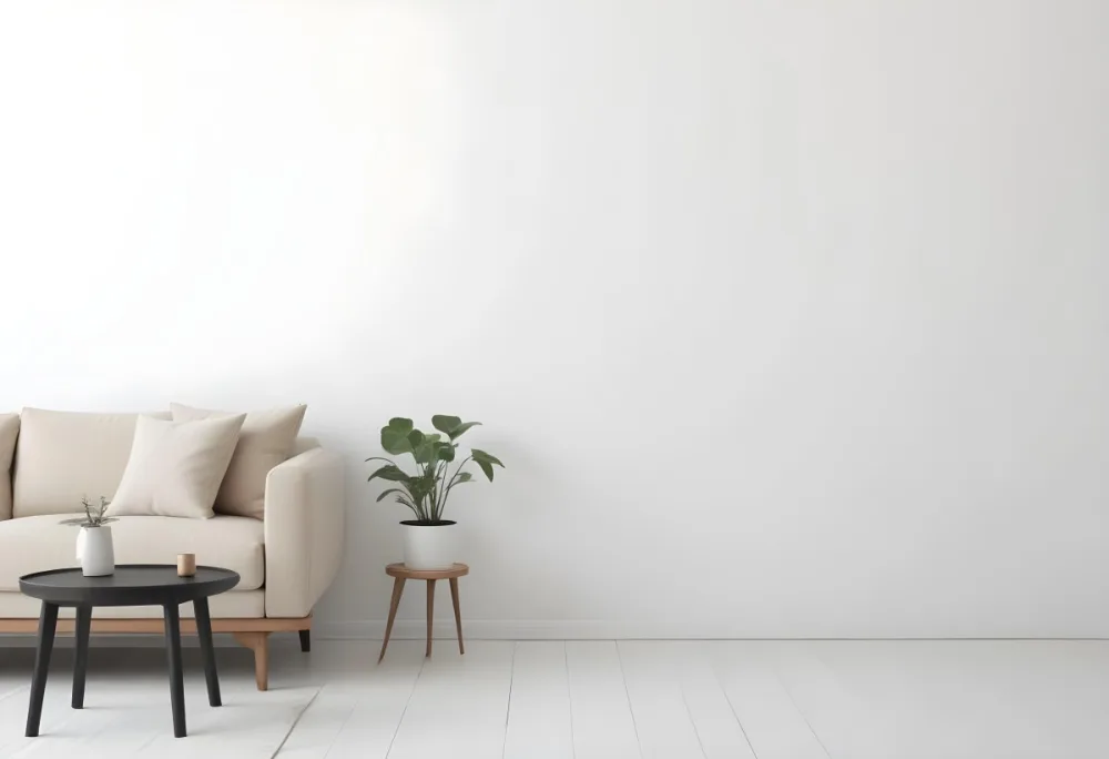 Digital Painting A Beige Sofa With Pillows A Small Wooden Table With A Plant On Top And A Black Side Table Against A White Wall Bold And Slim Lines Brush Strokes 7 6f32