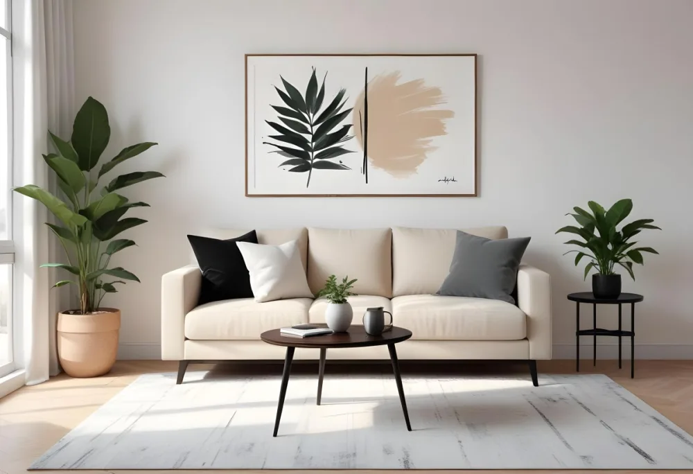 Digital Painting A Beige Sofa With Pillows A Small Wooden Table With A Plant On Top And A Black Side Table Against A White Wall Bold And Slim Lines Brush Strokes 8 6a17