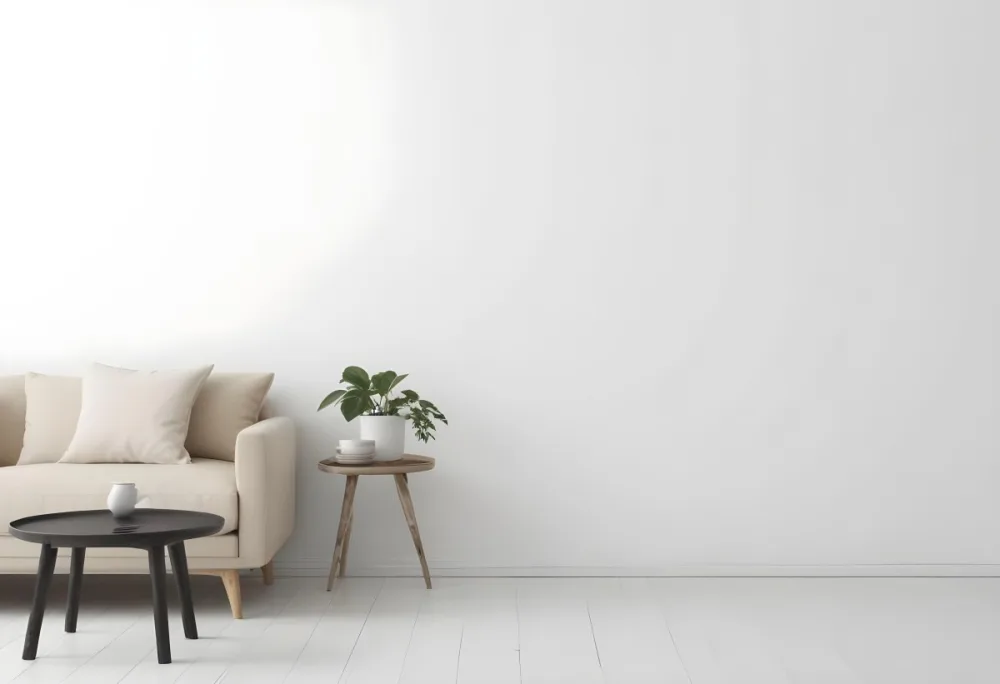 Digital Painting A Beige Sofa With Pillows A Small Wooden Table With A Plant On Top And A Black Side Table Against A White Wall Bold And Slim Lines Brush Strokes 8 D6f2