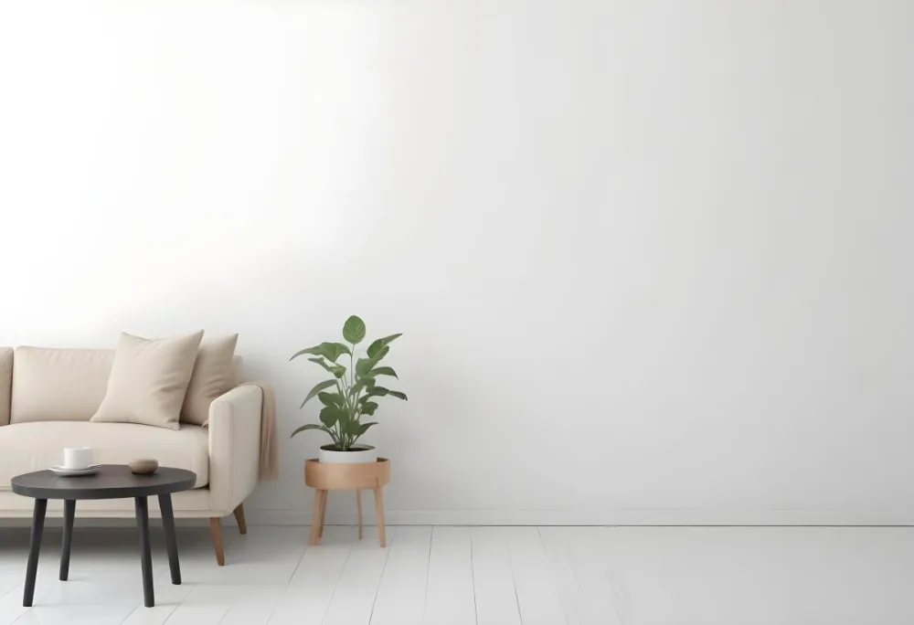 Digital Painting A Beige Sofa With Pillows A Small Wooden Table With A Plant On Top And A Black Side Table Against A White Wall Bold And Slim Lines Brush Strokes 9 37b9